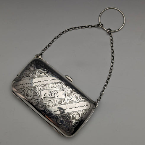 1919年 英国アンティーク 純銀製チェーン付きコインパース